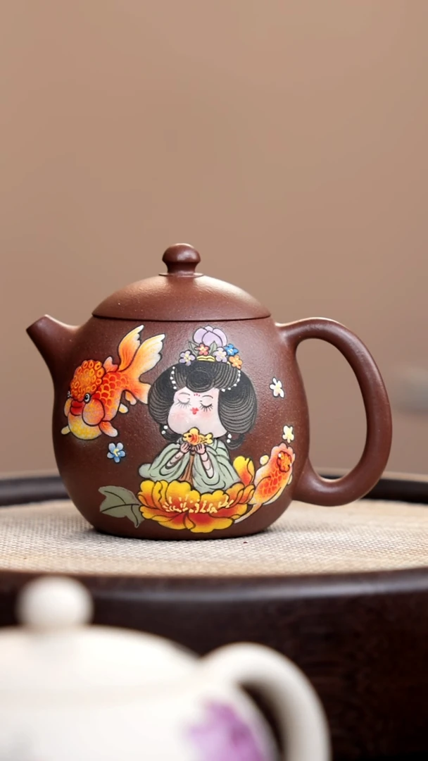 茶壶紫砂沉香泥龙蛋泥绘唐美人金鱼
