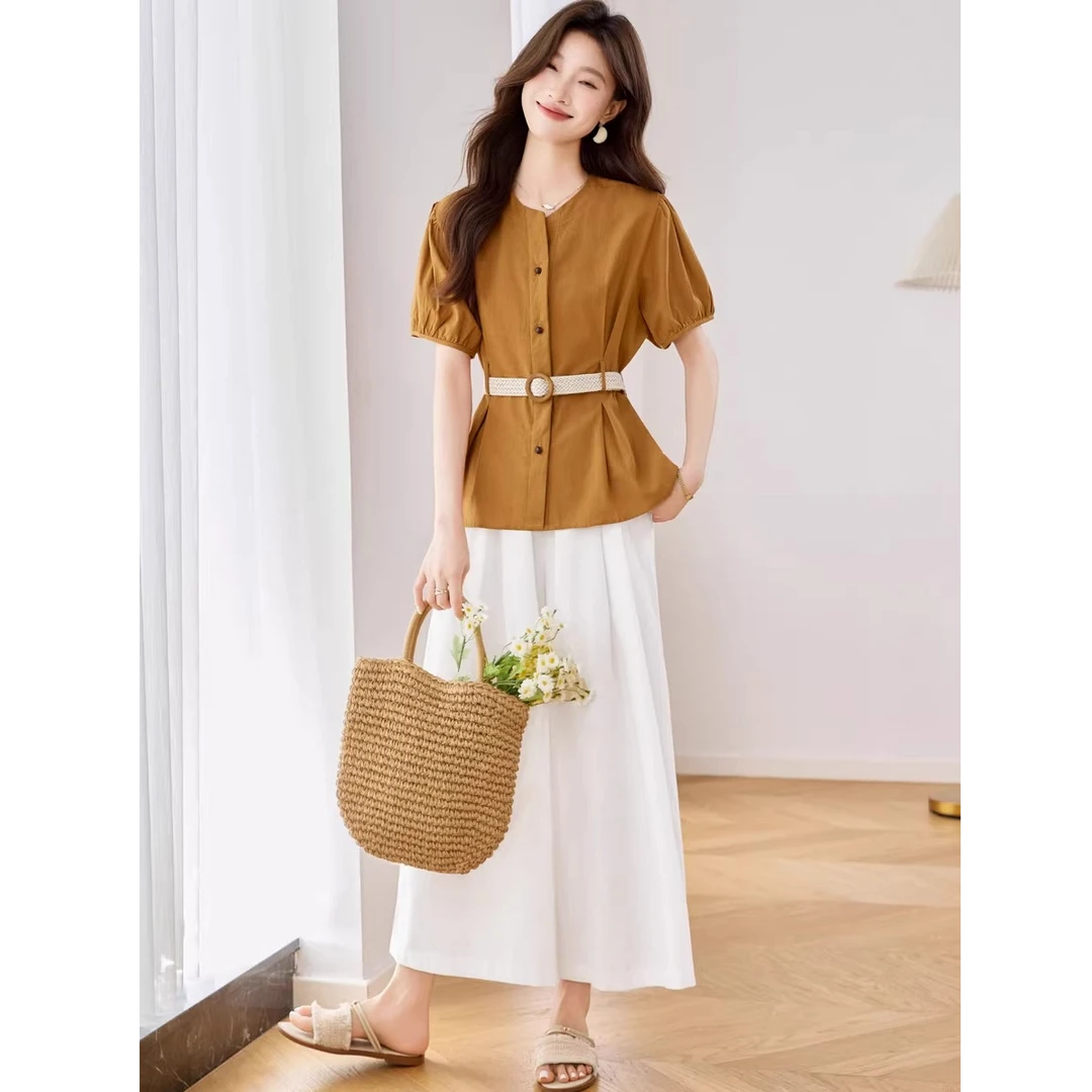 〈纪朵研〉0927夏季新款轻奢高级感法式掐腰衬衫九分阔腿裤两件套