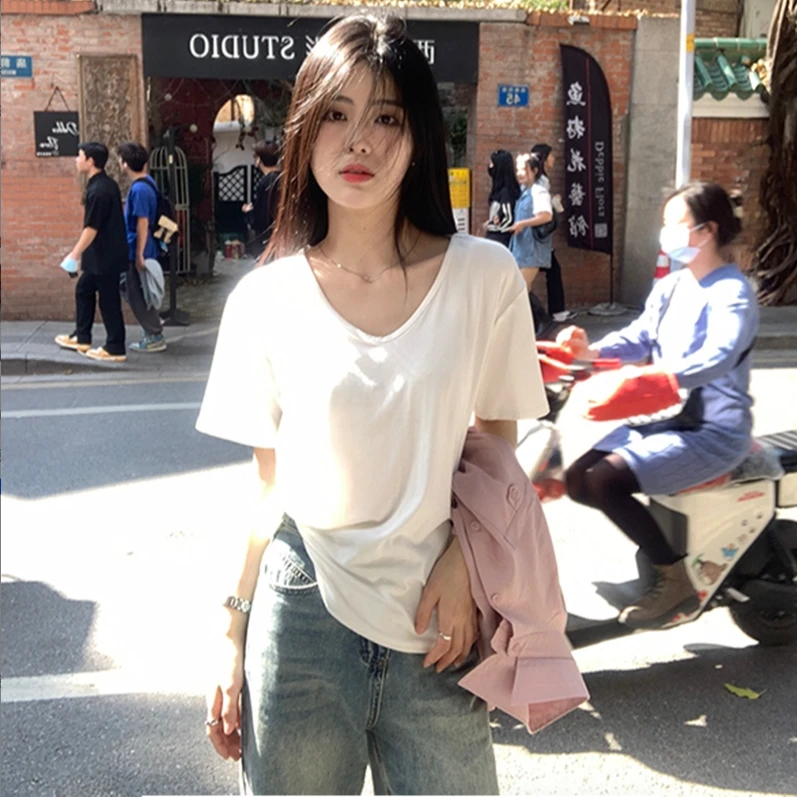 婼妮诗夏季纯色短袖宽松大V领t恤显瘦韩版大领口女有弹内搭上衣U
