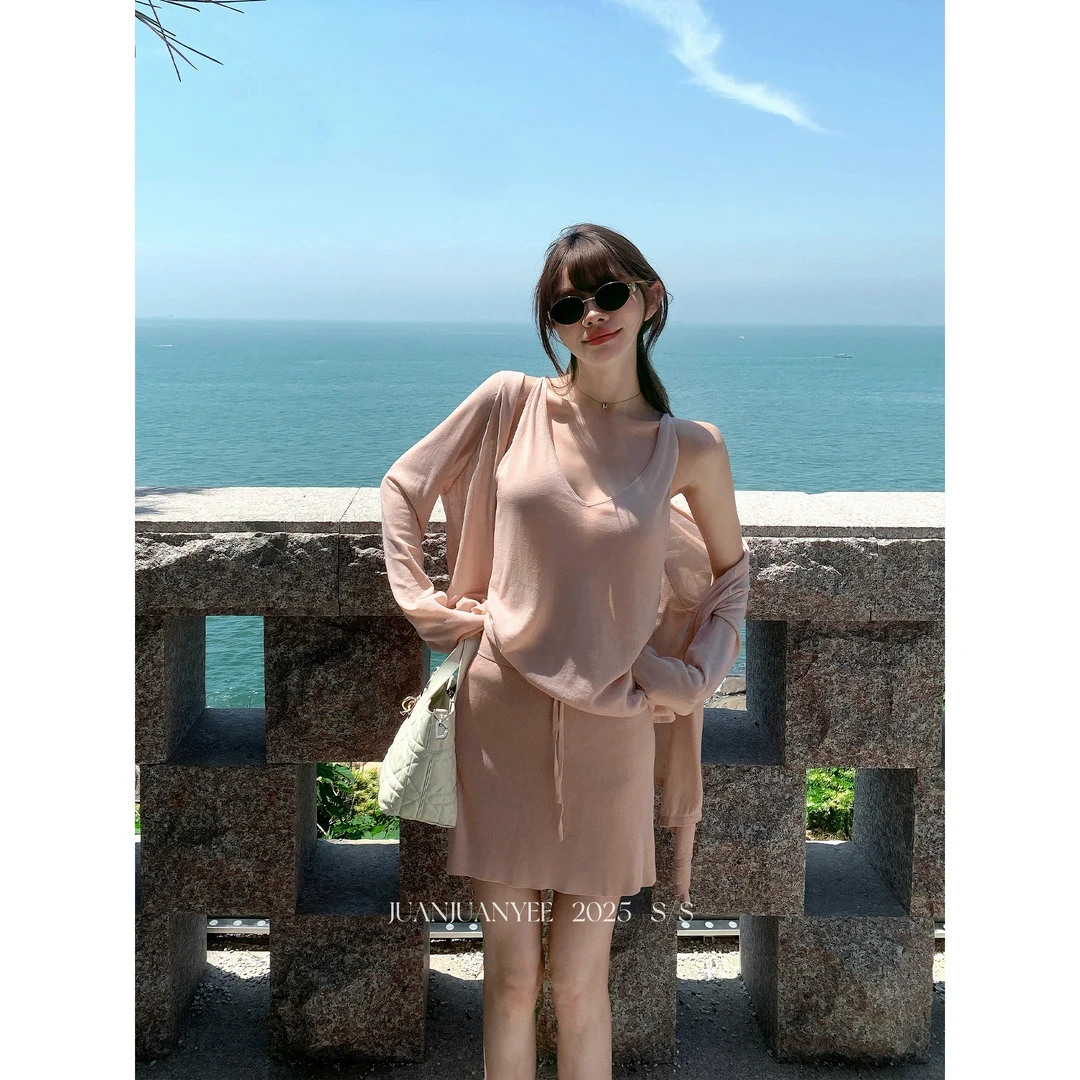 【冰沙三件套】亚麻开衫吊带背心半身裙防晒凉感套装