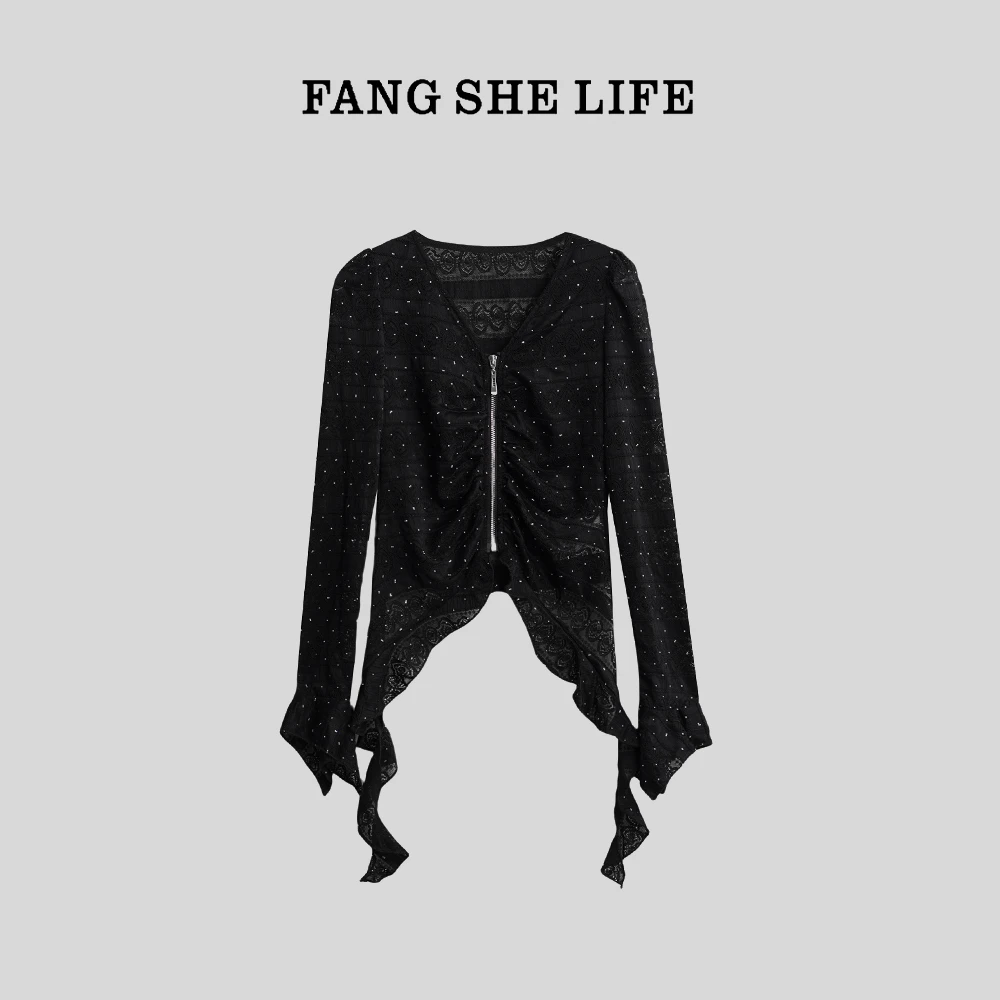 【切片专属】【幻境人鱼】V领亮钻蕾丝下摆不规则花边小衫FF011XX