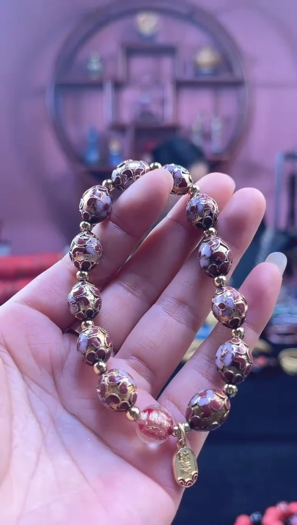 非遗 景泰蓝手串 金地枣珠 砖红