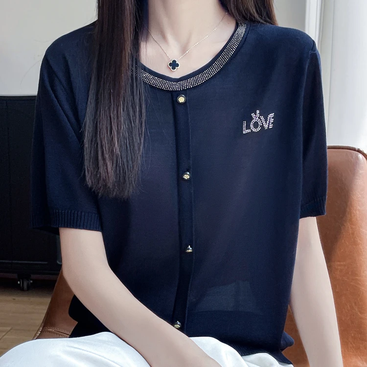 圆领烫钻针织衫减龄时尚翻领T恤百搭夏季上衣