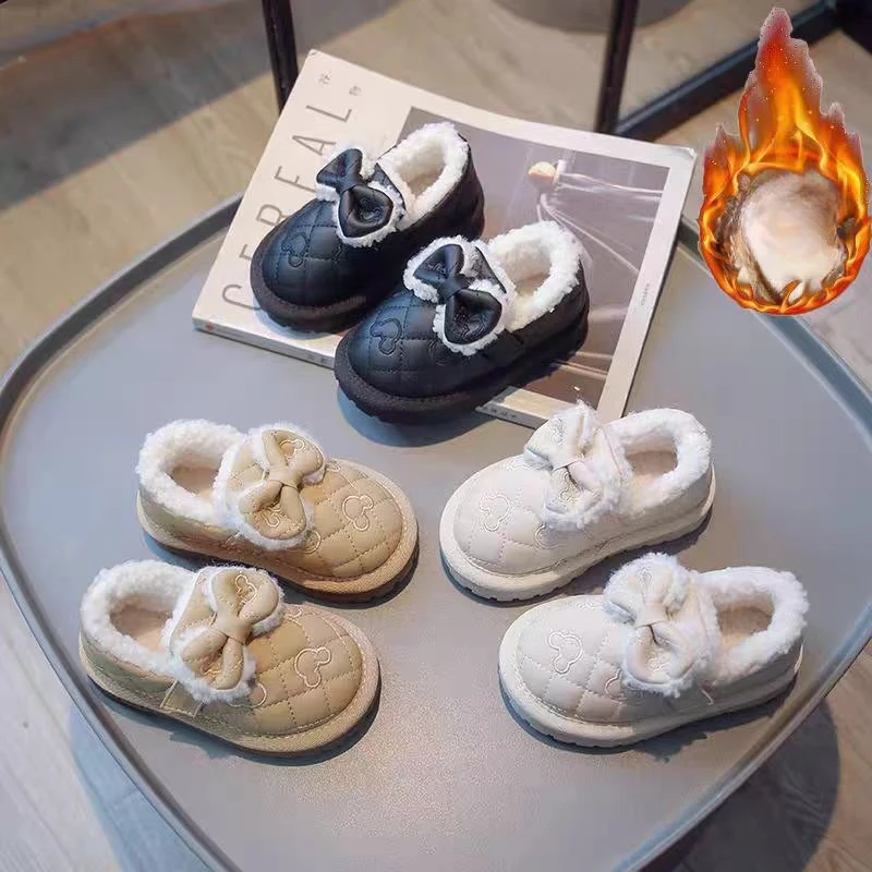 女童2025冬季新款软底防滑棉鞋蝴蝶结一脚蹬毛毛鞋129