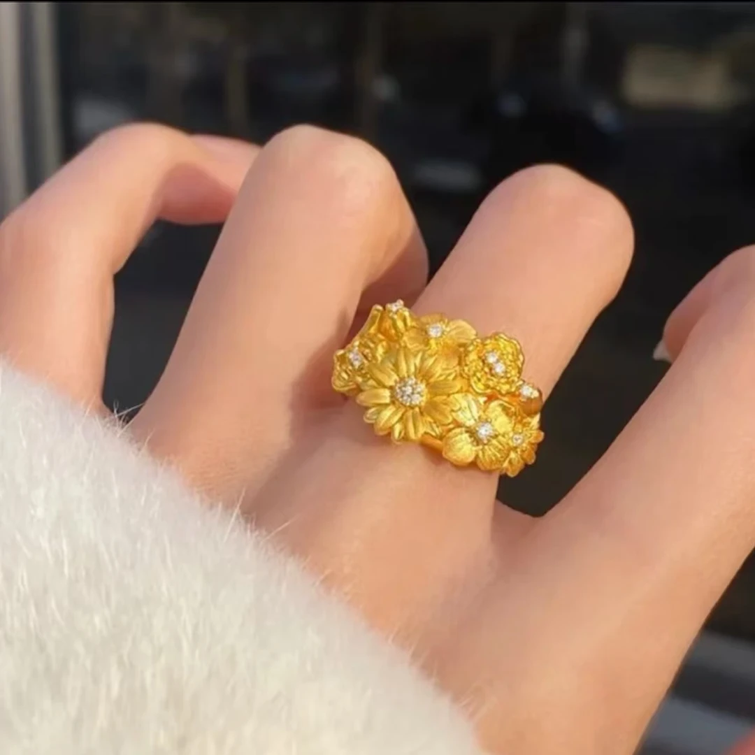 铜合金戒指 精品繁花似锦开口戒指气质轻奢时尚百搭复古旋转素款