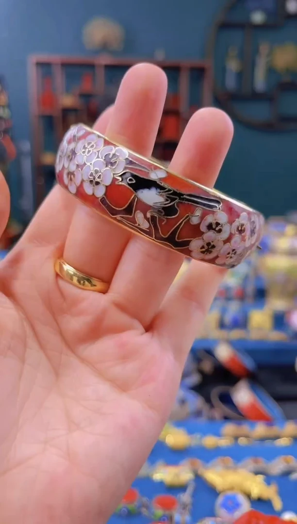 非遗景泰蓝手手镯 开口 花鸟纹 58-64 砖红