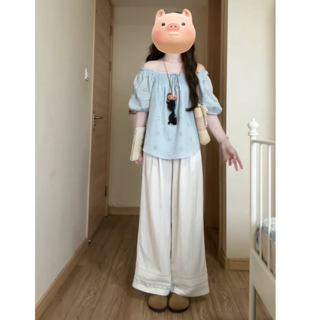 法式蓝色方领镂空刺绣短袖衬衫女2025夏季系带设计感小众宽松裤子