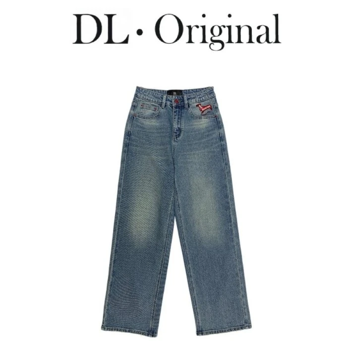 【东大门】2025春款重工刺绣&腊肠狗双工艺水洗中腰直筒法棍牛仔裤