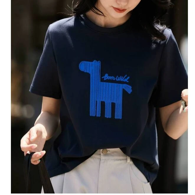 D-1114高奢重工系列 减龄彩虹小马刺绣短袖T恤女2486