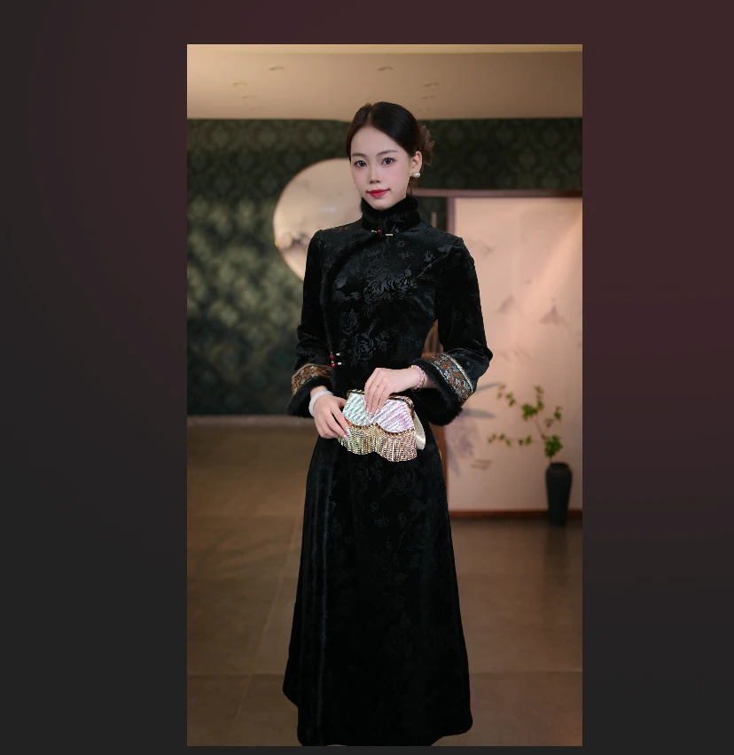 提花复古黑紫玫瑰花日常立领旗袍裙长袖优雅中国风冬季