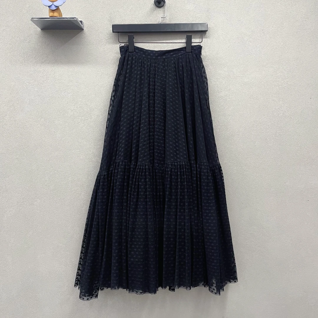 99新 DIOR/迪奥 黑色小圆点薄纱A字喇叭长款长裙/尺码34/UH001039