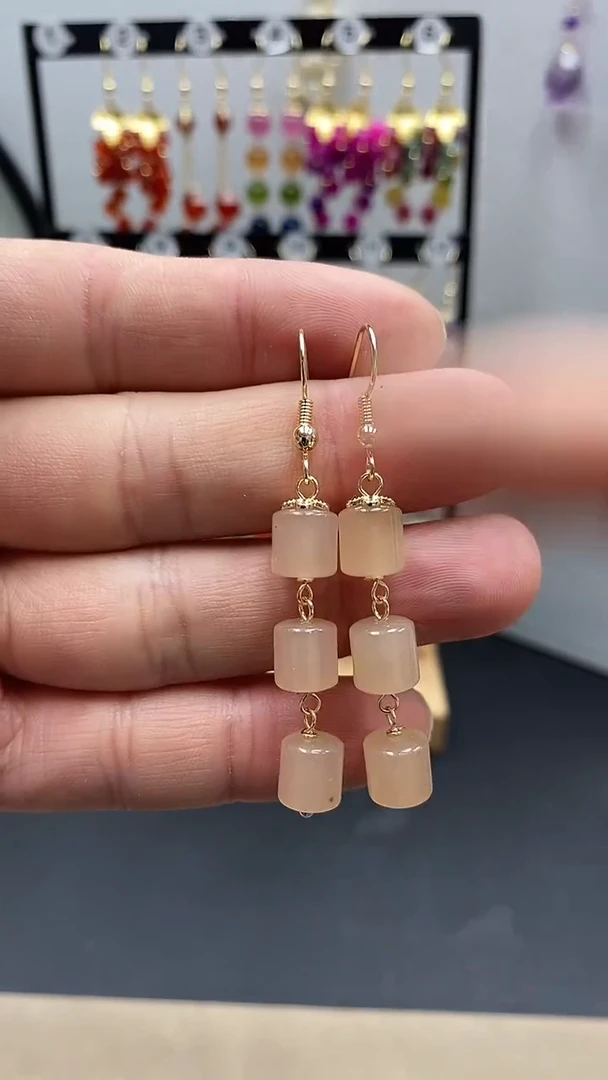 【闪购商品】和田玉耳饰银S925镀金镶嵌藕粉连珠尺寸8mm