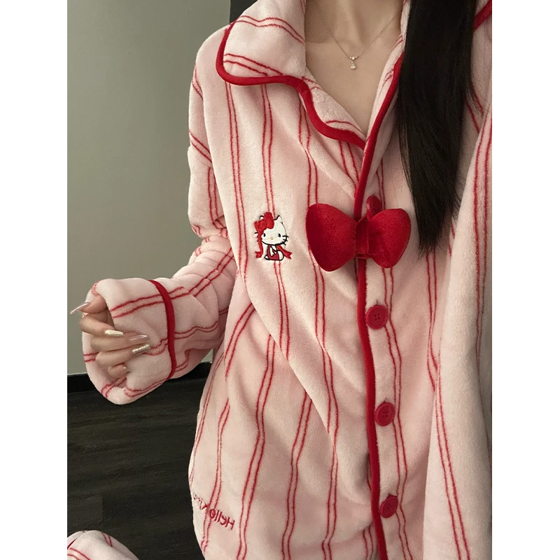 粉色可爱条纹kitty猫珊瑚绒睡衣女冬季可外穿保暖毛绒家居服套装