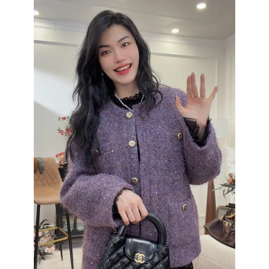 【紫调小香】重工亮片小香风混纺粗花呢花纱紫香风羽绒