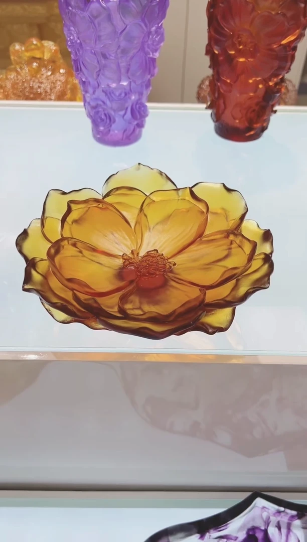琉璃手工艺品古法琉璃山茶花果盘