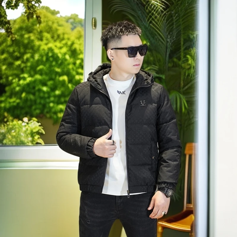 娜罗普西提花贴标连帽羽绒服男潮牌休闲冬新款男士保暖羽绒外套潮