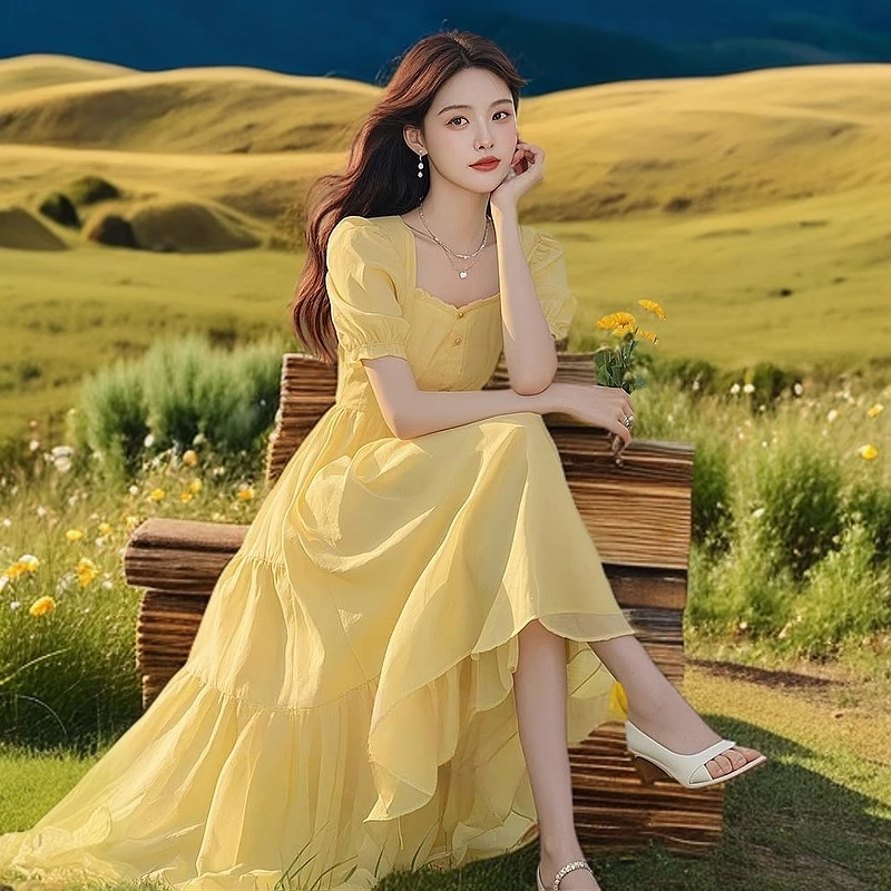 y685独特超好看黄色泡泡袖连衣裙女夏高端气质上流社会温柔风长裙
