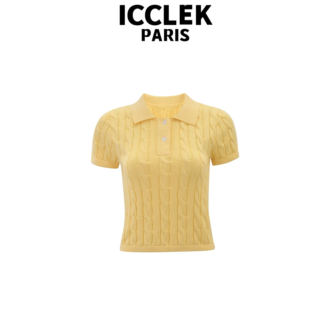 ICCLEK 黄色翻领刺绣短袖针织衫夏季休闲百搭显瘦气质上衣 - 5409