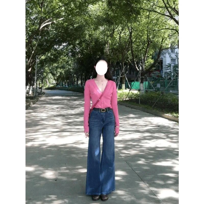 粉色v领针织开衫女高腰显瘦牛仔长裤韩系穿搭两件套秋