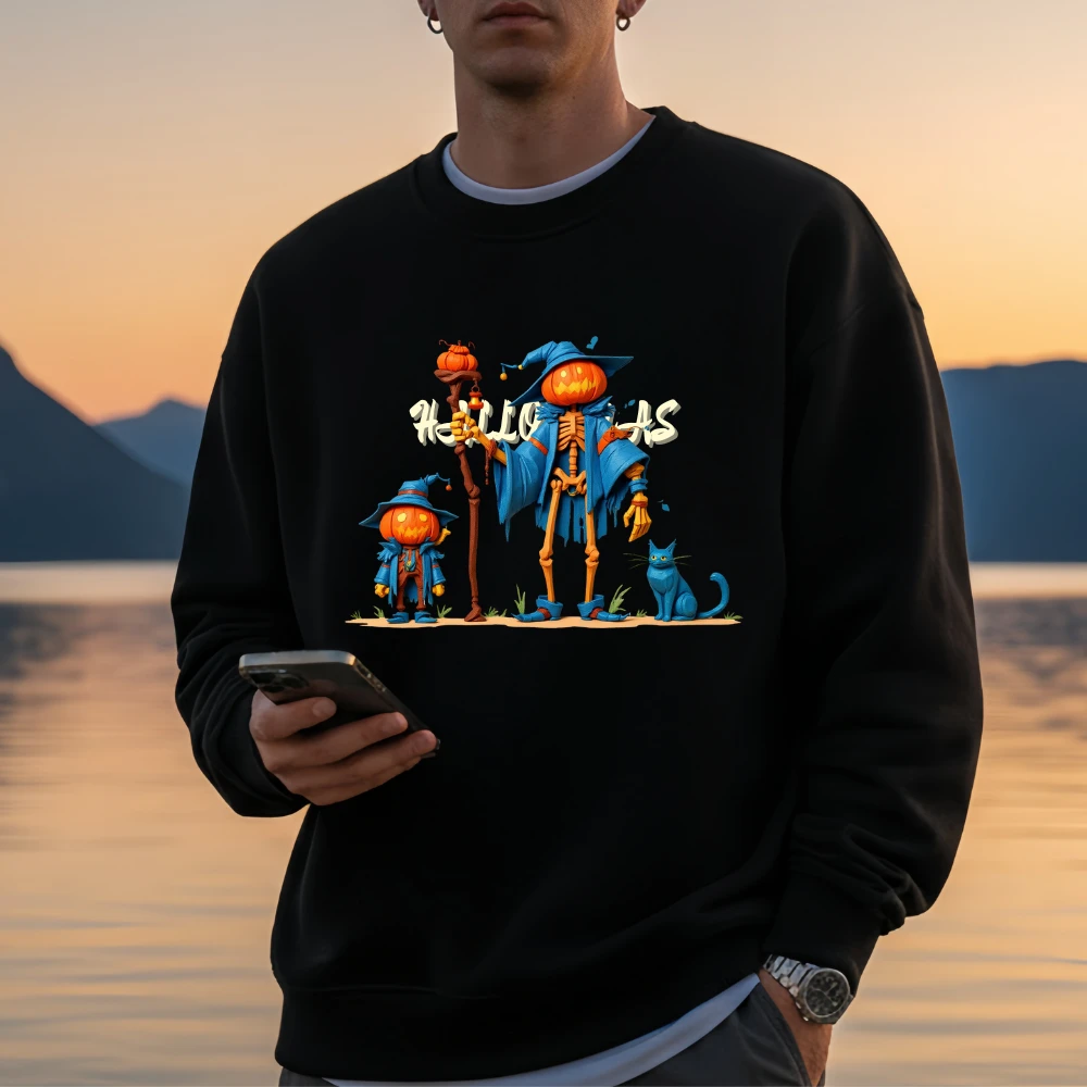 美式风设计感骷颅头万圣节套头圆领卫衣宽松上衣个性男士休闲潮