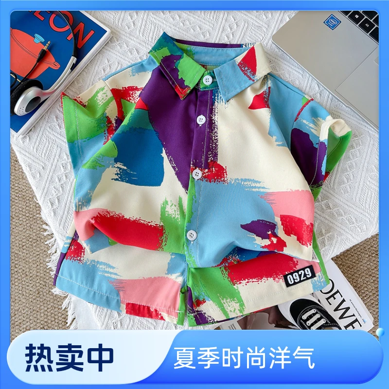 夏季韩版卡通满印休闲印花衬衫洋气时尚男童小童男宝短袖短裤套装
