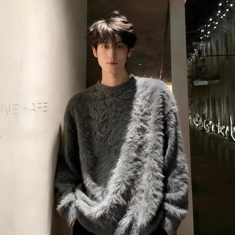 软糯毛茸茸仿水貂圆领毛衣男女秋冬季加大码潮流宽松慵懒风针织衫
