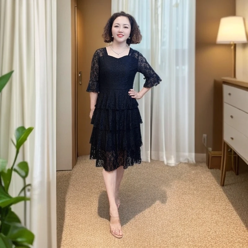 【阿祖家】新款减龄蛋糕连衣裙法式蕾丝连衣裙气质收腰