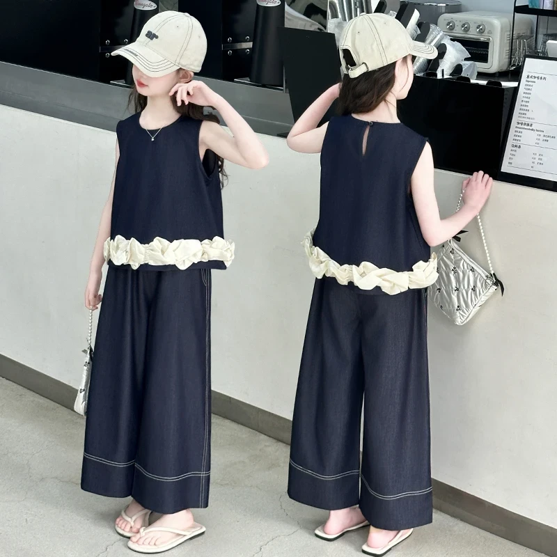 复古女童夏季套装3-15岁洋气无袖上衣搭配中大童牛仔阔腿裤两件套