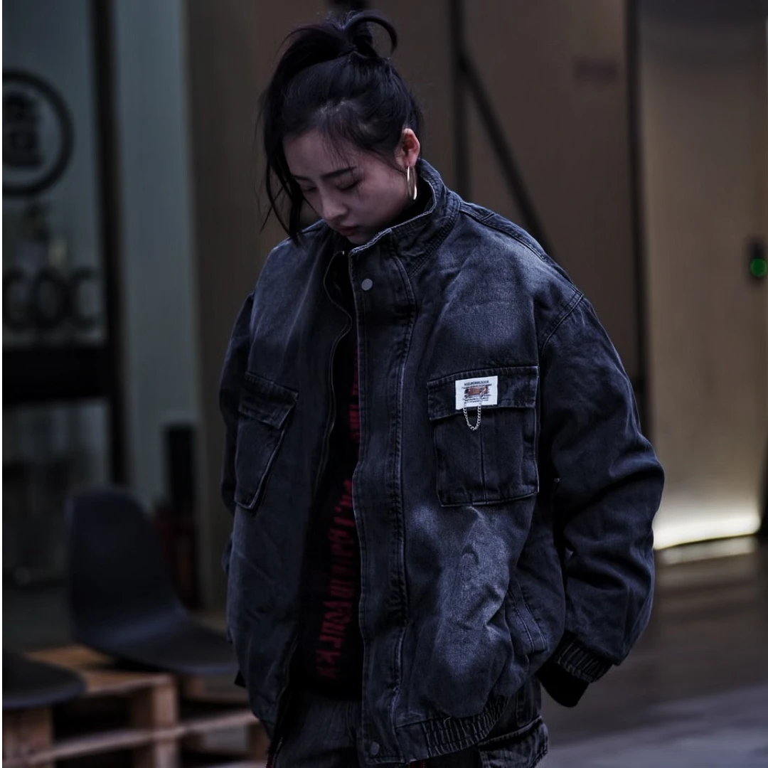 设计做旧休闲刷色棉服泥染涂黑廓形夹棉牛仔外套夹克水洗宽松