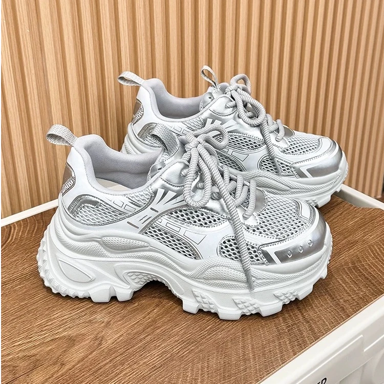 厚底银色老爹鞋女2025夏季新款炸街百搭透气网面增高轻便运动鞋潮