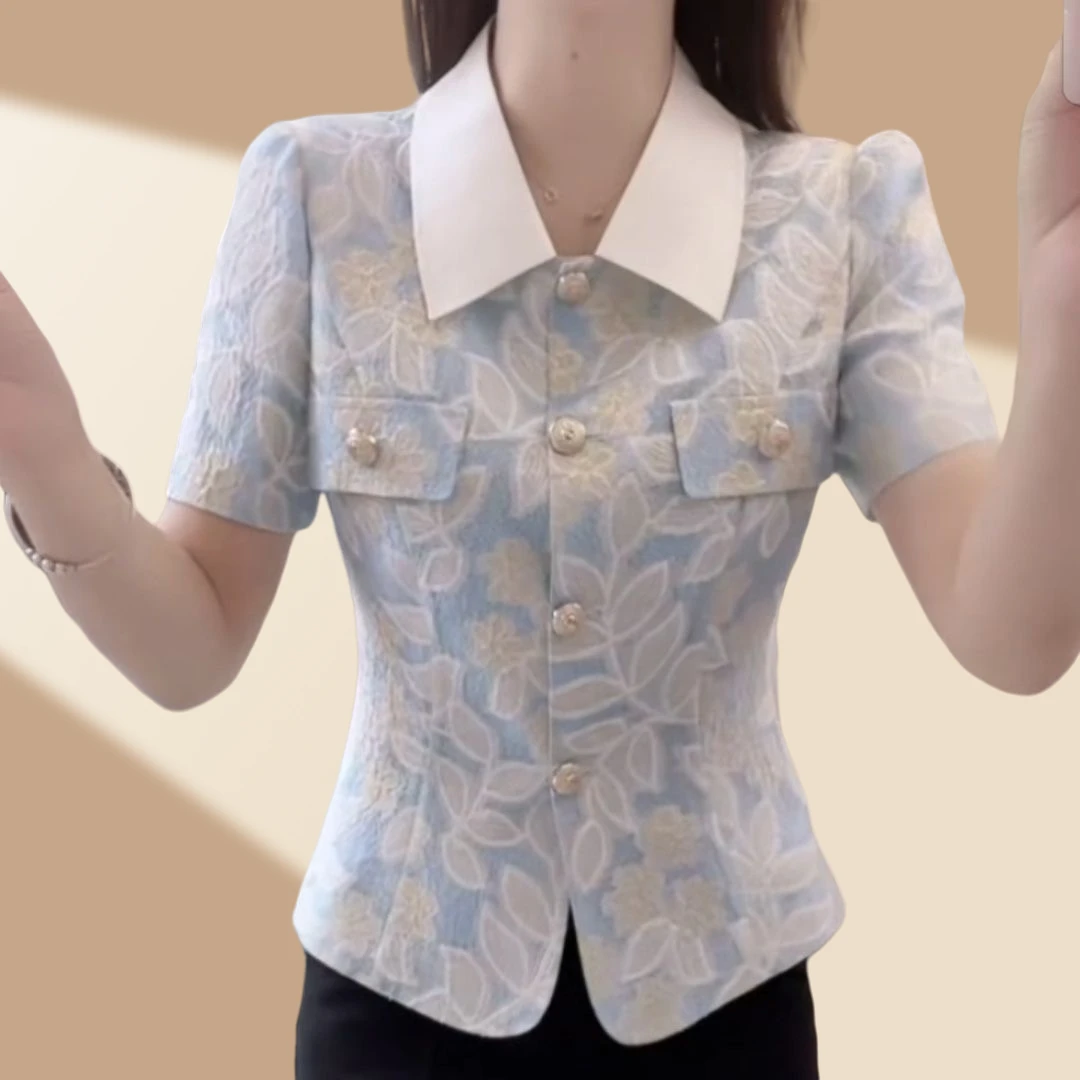 夏季新款法式小香风气质蓝色短外套时尚百搭减龄修身大码女士衬衫