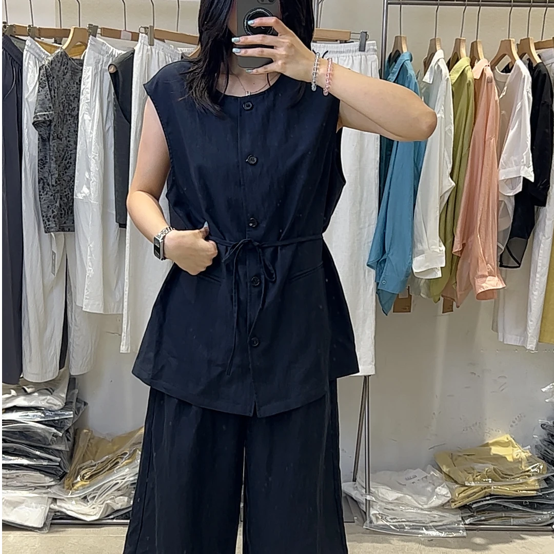 8090正品25512宽松圆领系带简约气质马甲+高腰七分阔腿裤两件套夏