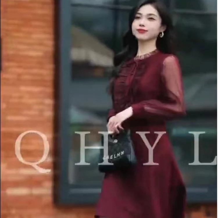 时尚减龄连衣裙【B69】显瘦气质复古修身长袖网红酒红色