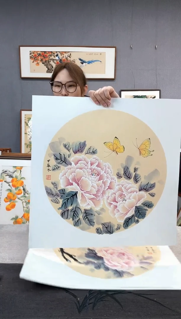 【闪购商品】国画李坤-手绘带框作品-53*53-牡丹