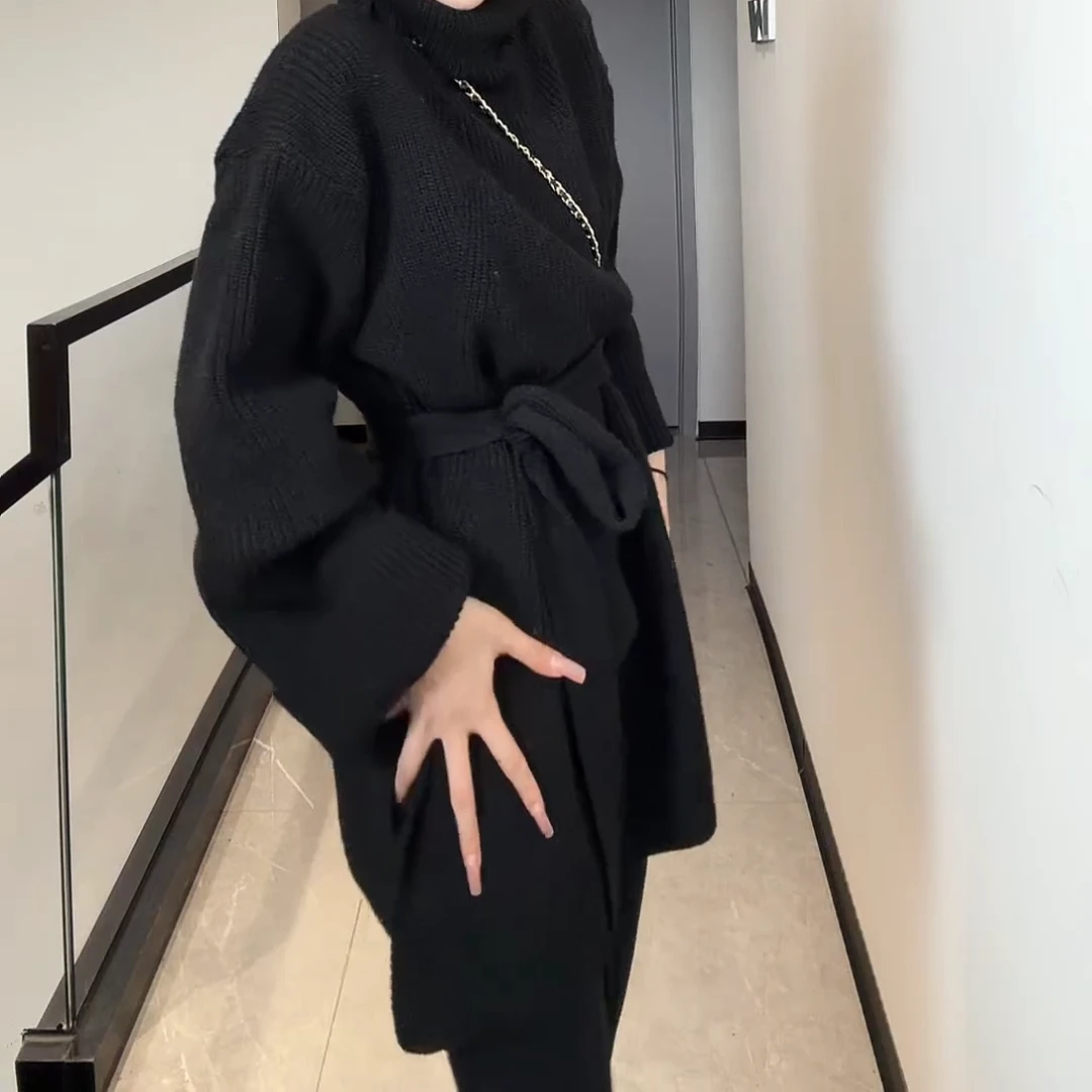 新款高领时尚休闲宽松设计感腰带针织毛衣C6407