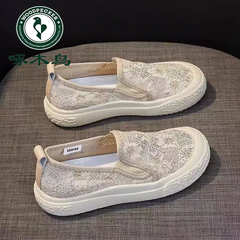 啄木鸟蕾丝小香风渔夫鞋女鞋2025夏季软底透气单鞋网面上班平底鞋