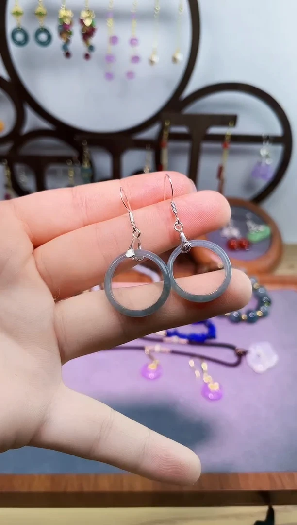 银S925镶嵌翡翠耳饰圆圈翡翠