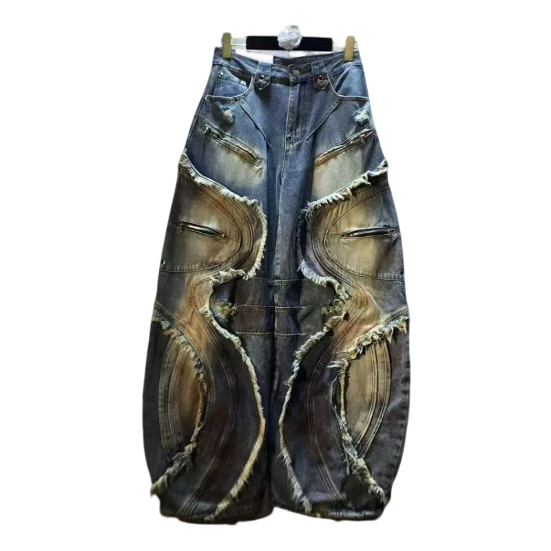 欧洲站秋冬2025新款高腰显瘦拼接毛边贴布彩绘弯刀阔腿牛仔裤女