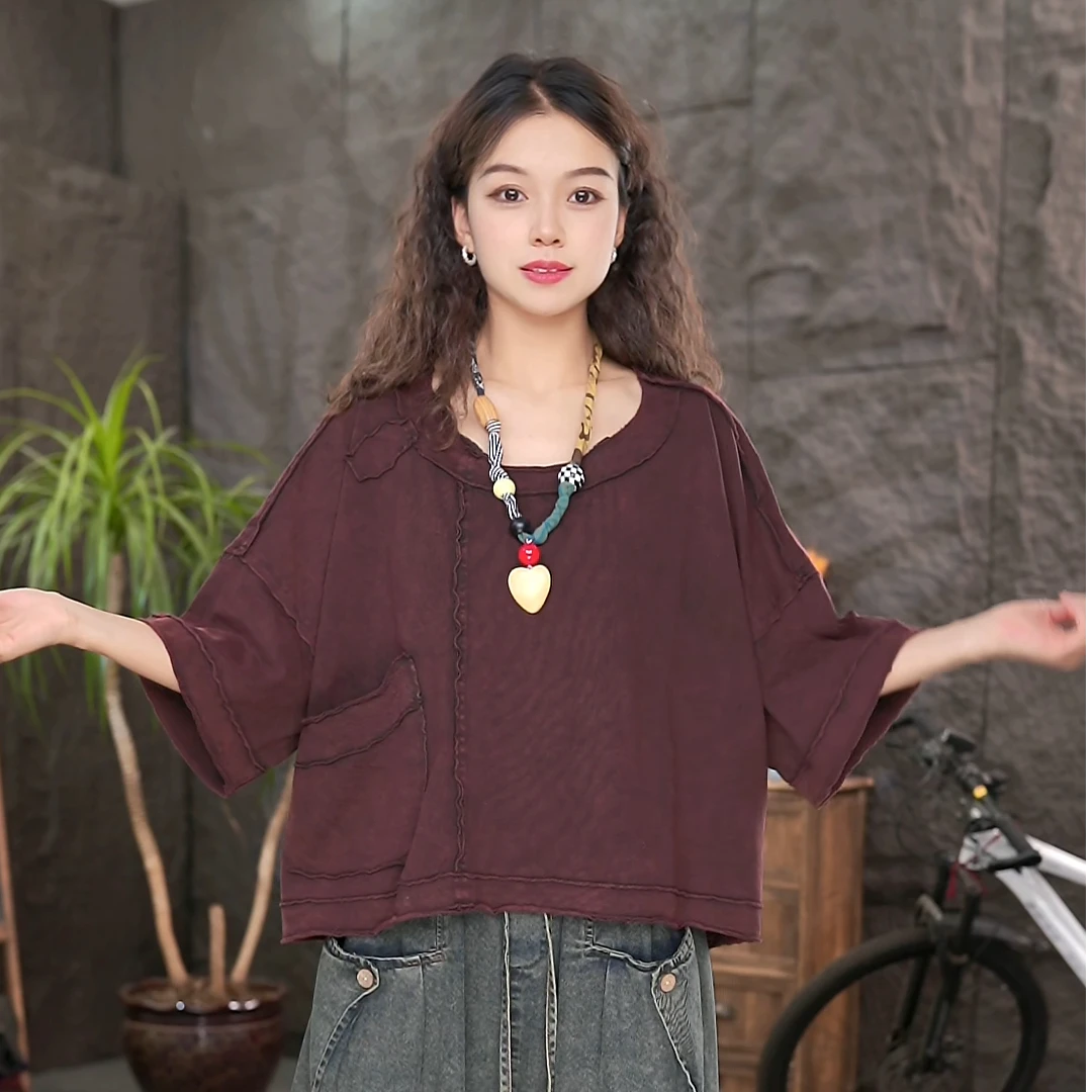 LL纯棉短袖T恤夏季显瘦宽松t恤百搭复古短款上衣(竖条/单口袋）