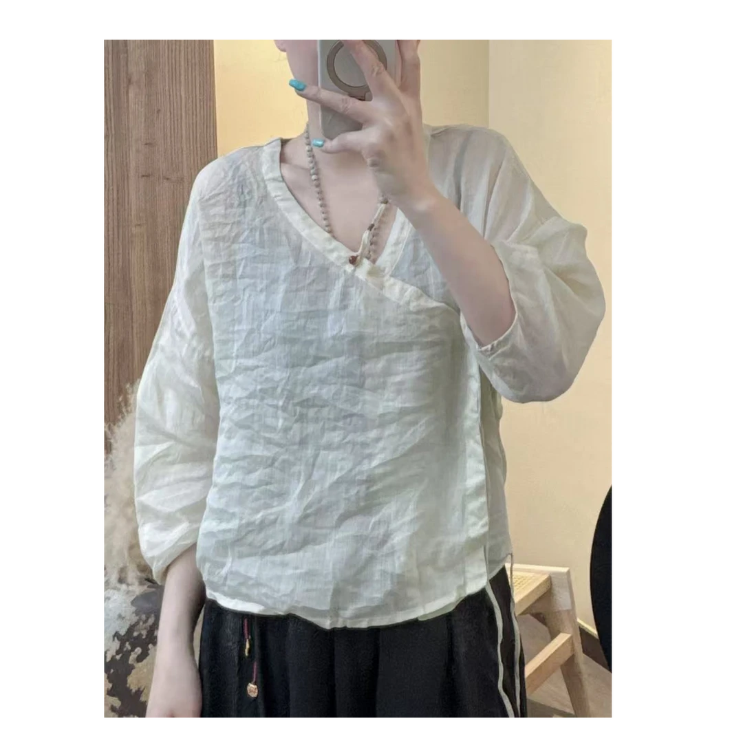 2025夏季纯苎麻斜门襟手工盘扣系带上衣255
