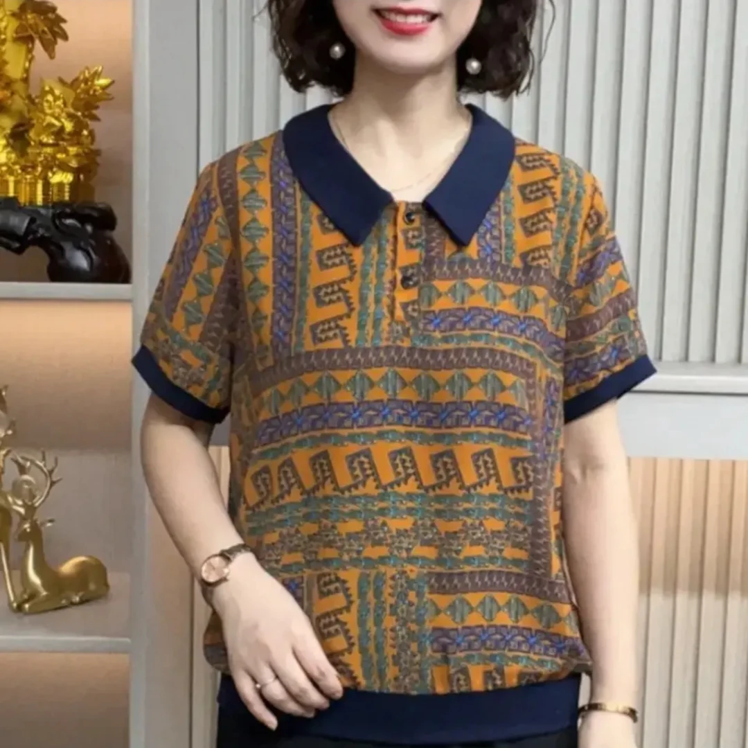 妈妈装流行欧若拉时尚潮牌女装宽松夏装女士独特漂亮小衫休闲短袖