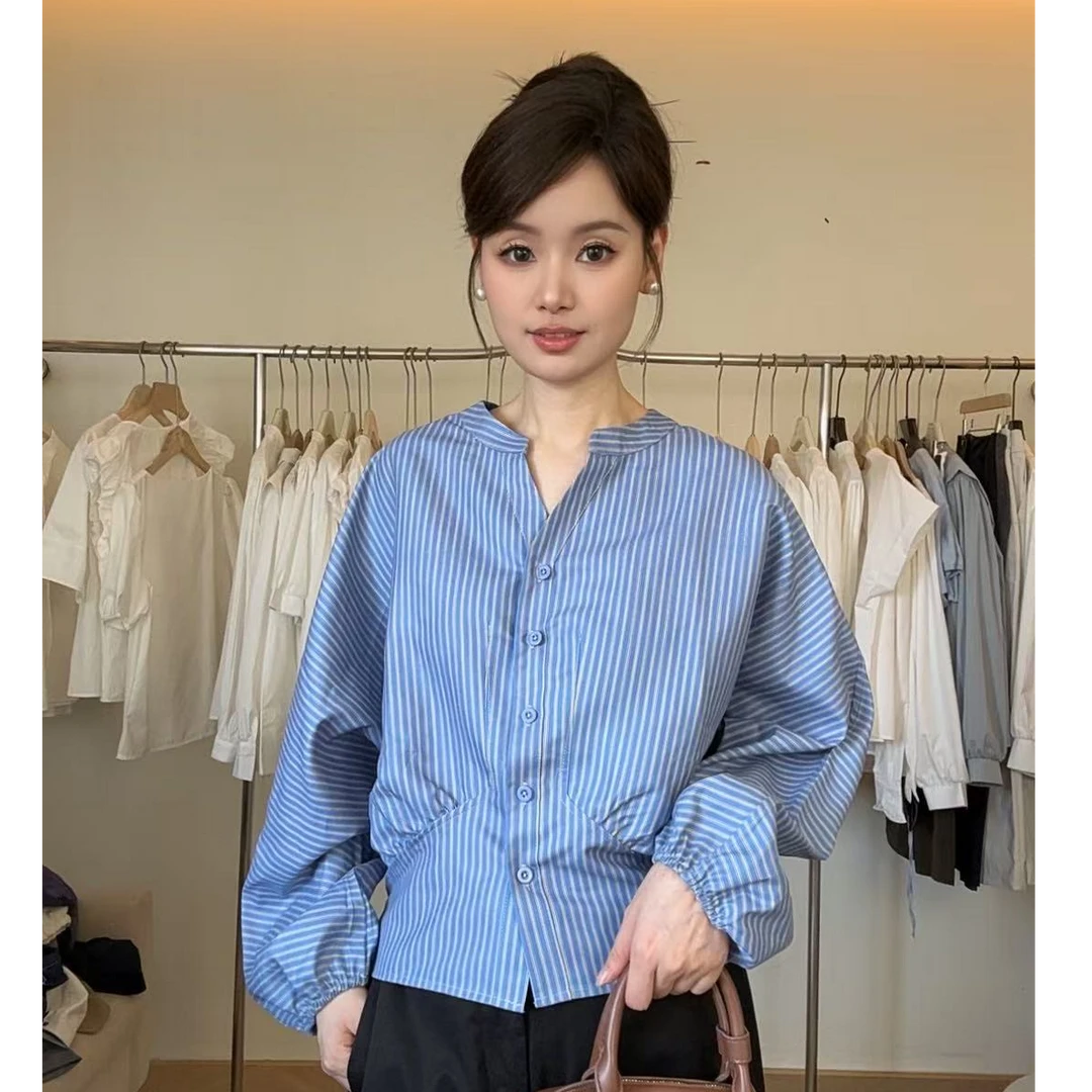 韩版秋季经典条纹简设计感长袖休闲宽松上衣女衬衣