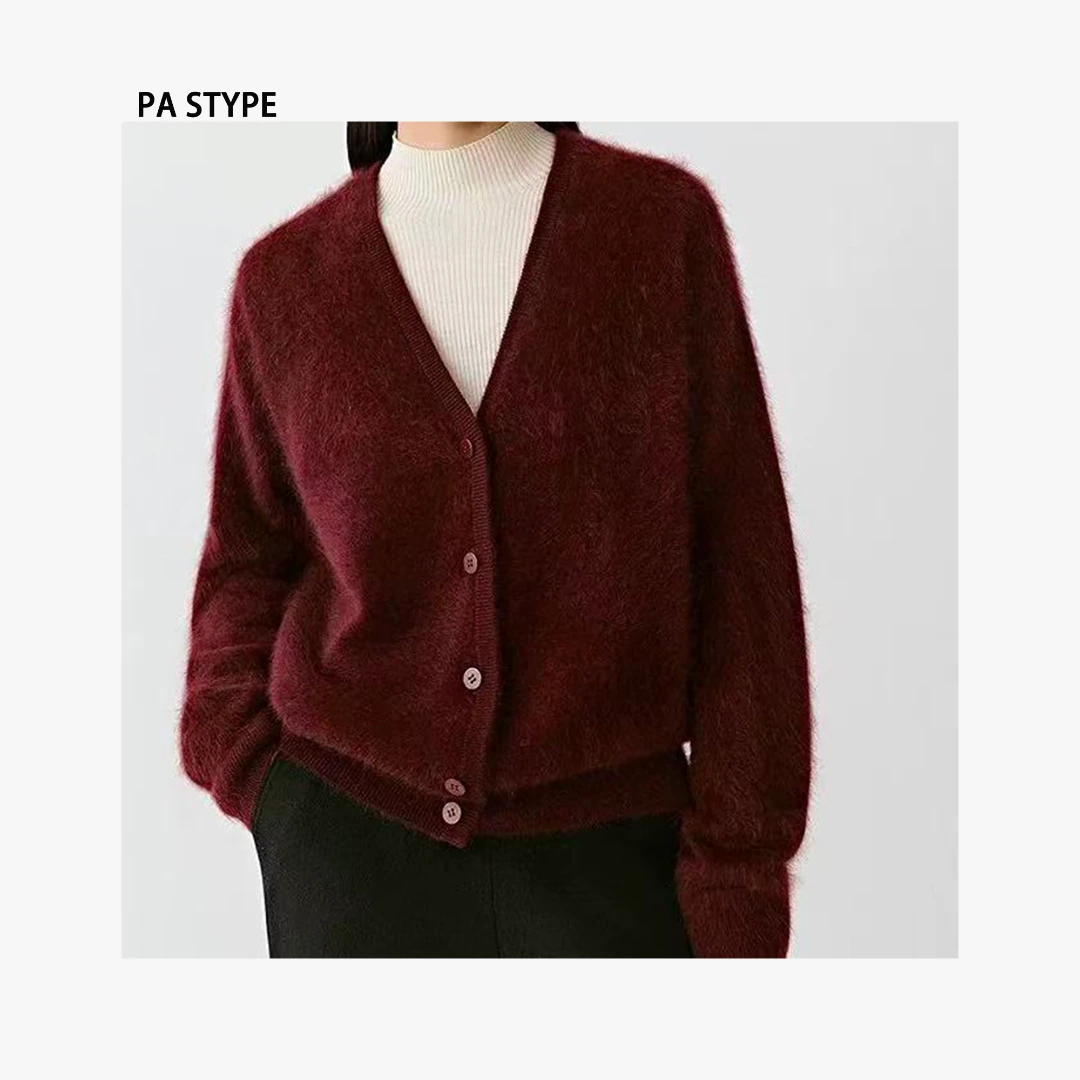 PA STYPE【KVSS】1oo山羊绒小拉绒V领暗红色开衫 ZZ-90923