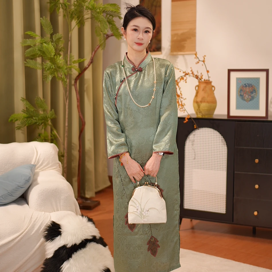 【贺贺专属】新中式桑蚕丝长袖连衣裙改良气质旗袍