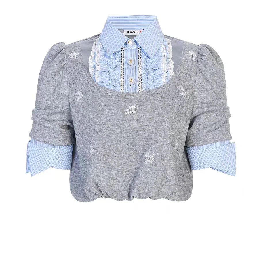 LeFame/拉飞姆2025夏季新款百搭假两件钉珠短袖T恤 FF25X21SB038