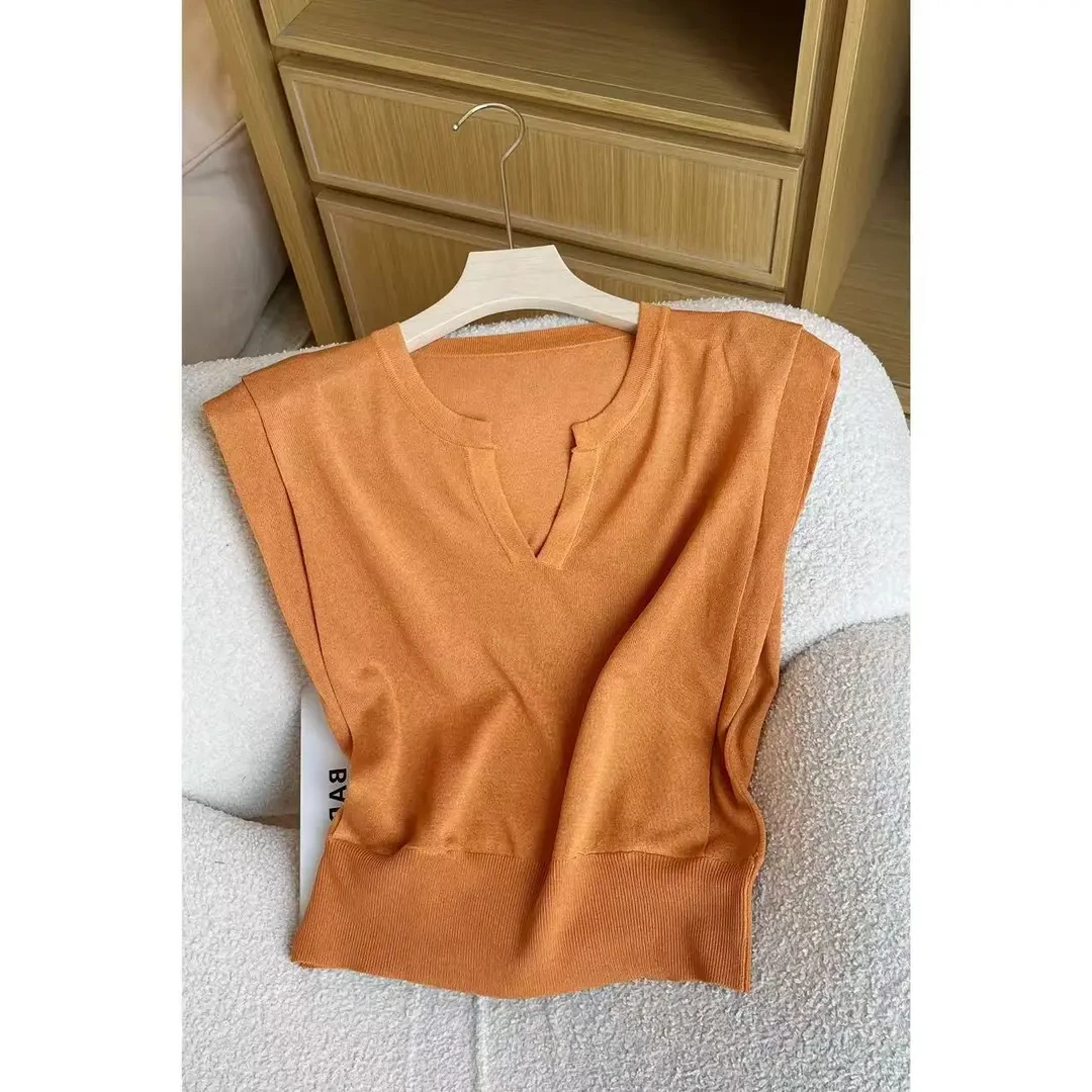 2025年夏季新V领简约纯色显瘦针织短袖百搭无袖时尚上衣W1-94