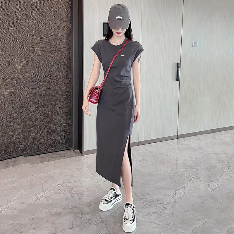 甜美可爱风格衣服休闲显瘦长款开叉a字摆连衣裙百搭打底裙子夏季