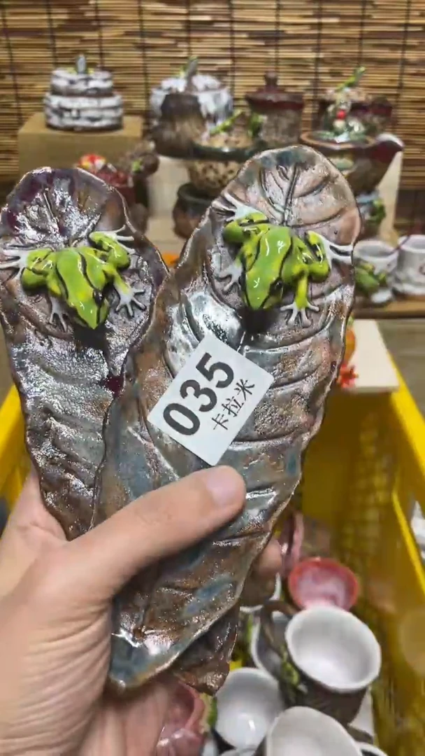 靓**！035精美粗陶手工柴烧两个绿两个红
