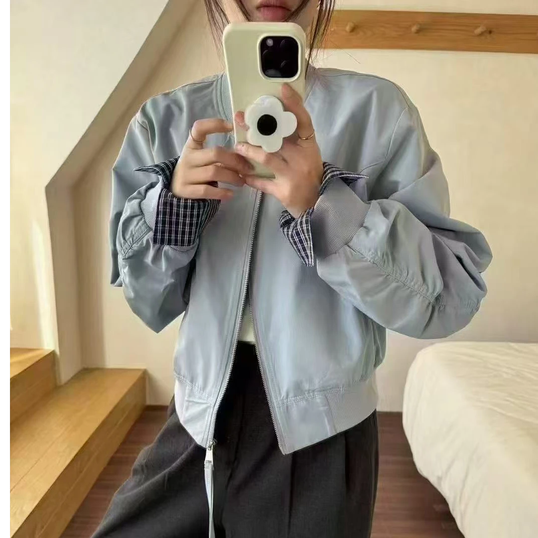 【喜慕】2025春装新款休闲袖口拼接夹克棒球服女圆领拉链显瘦C25