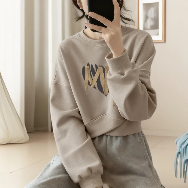 春秋薄款短款圆领卫衣女时尚洋气减龄显瘦百搭小个子外套上衣服女